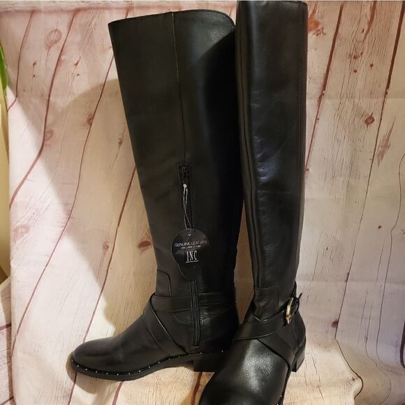 NWT INC "Fadora" Black Leather Knee High Riding Boots w/Nailhead Trim Sz 6M - Picture 7 of 11